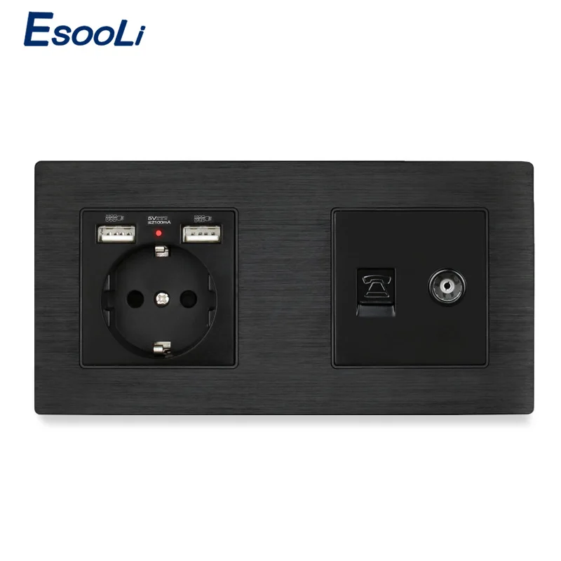 Разъем Esooli с алюминиевой металлической панелью европейского стандарта USB + 1