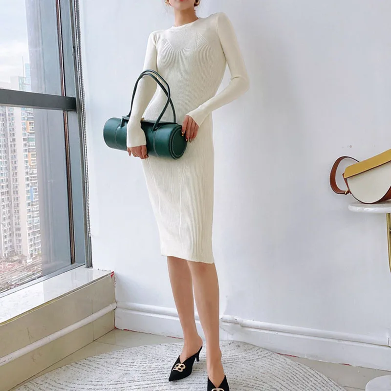 

New Fashion Sexy Autumn Winter O-Neck Solid Long Sleeve Knitted Dresses For Women High Waist Skinny Cloth Ladies