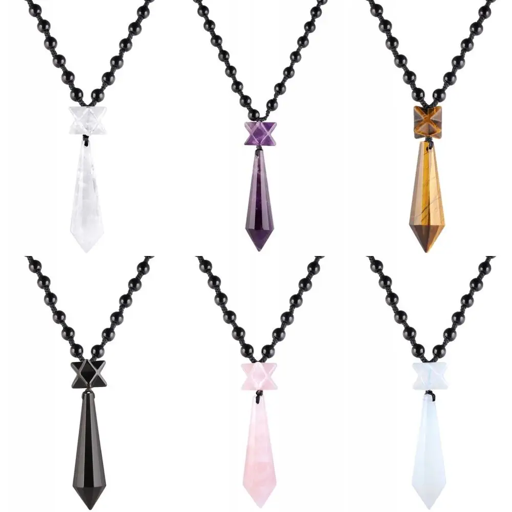 

TUMBEELLUWA Healing Crystal Merkaba Point Pendant Necklace with Beads Chain Adjustable,Chakra Gem Stone Pendulum Dowsing Jewelry
