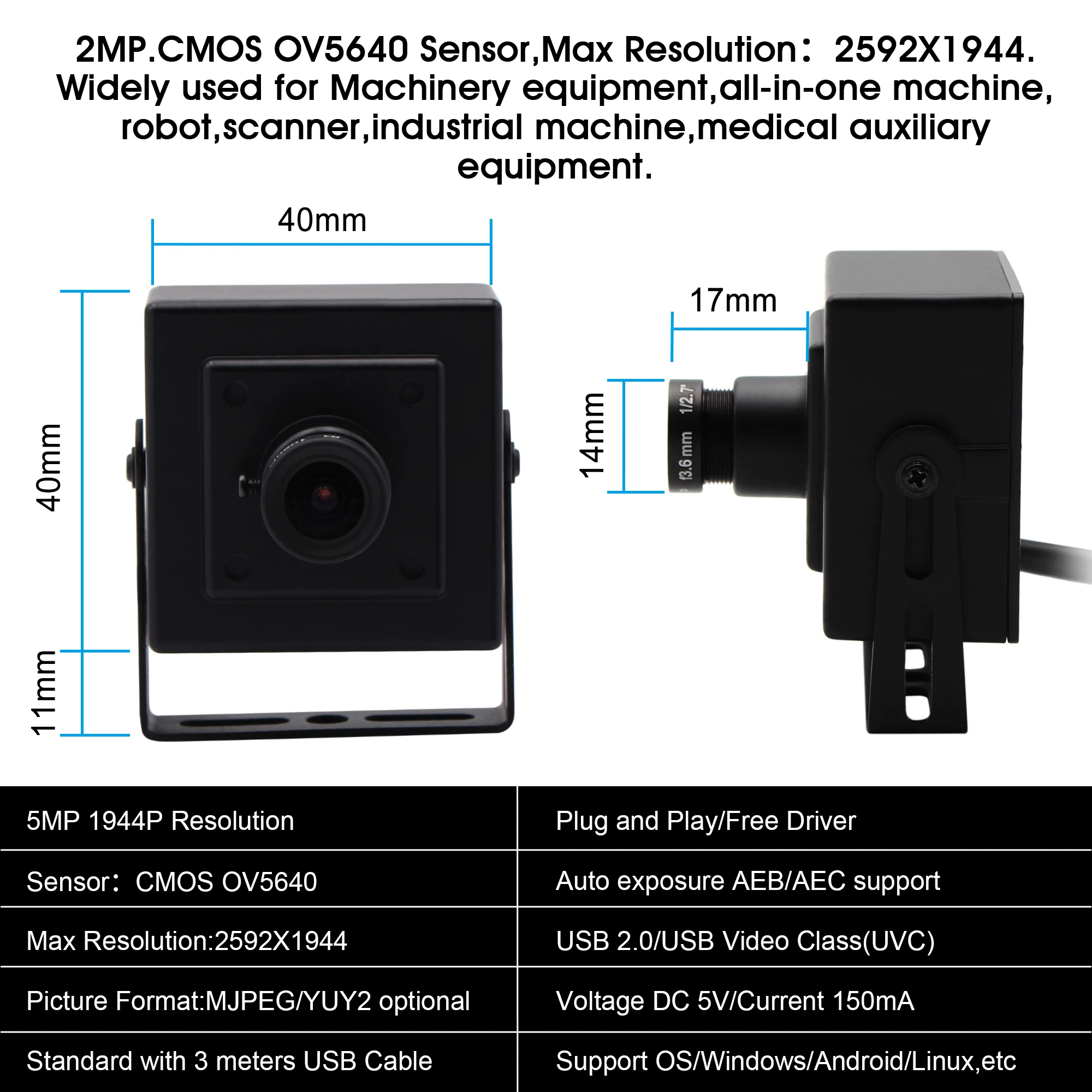 5 мегапиксельная ручная фокусировка UVC USB веб камера Мп CMOS OV5640 для Linux Android Windows Mac ПК