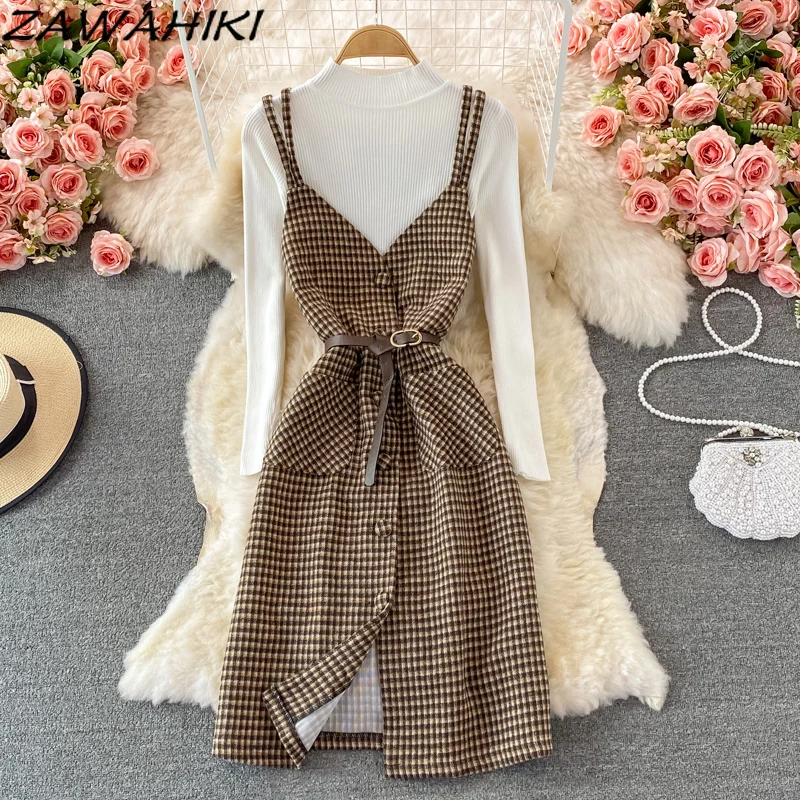 

ZAWAHIKI Pockets Temperament Dress Autumn Winter New Style Stand Collar Slim Long Sleeve Sweater Tops Two-piece Suit Women Belt