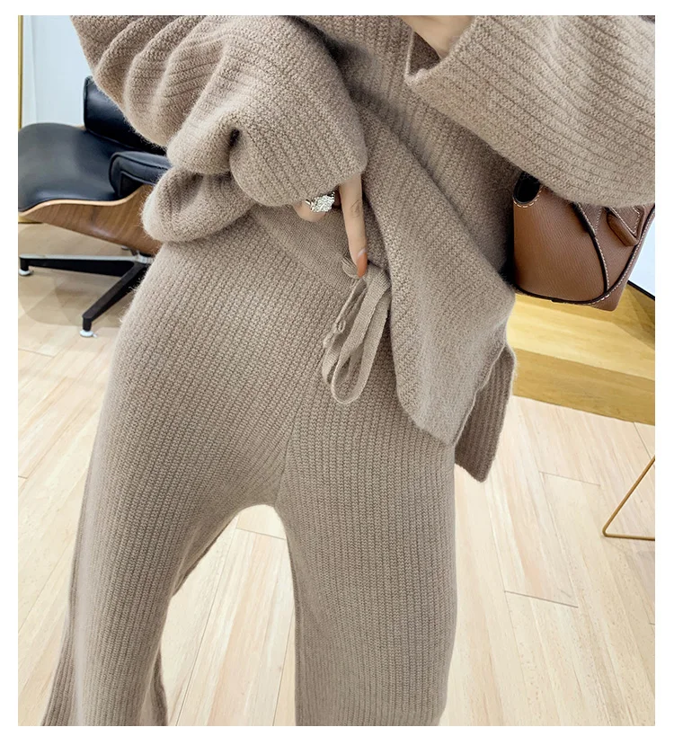 Women's new fashion suit solid color V-neck sweater with high waist knit wide leg pants two piece set top and pants