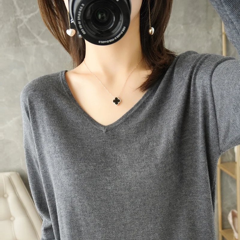 

Spring and Autumn New Cashmere Sweater Women's V-neck Pullover Casual Fashion Oversized Knitted Top Female Jacket Pure Color