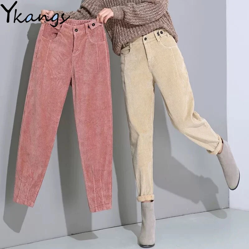 

Solid Color Thick Corduroy Pants Women Vintage Button Elastic High Waist Female Trousers Casual Winter Warm Fashion Harlan Pants