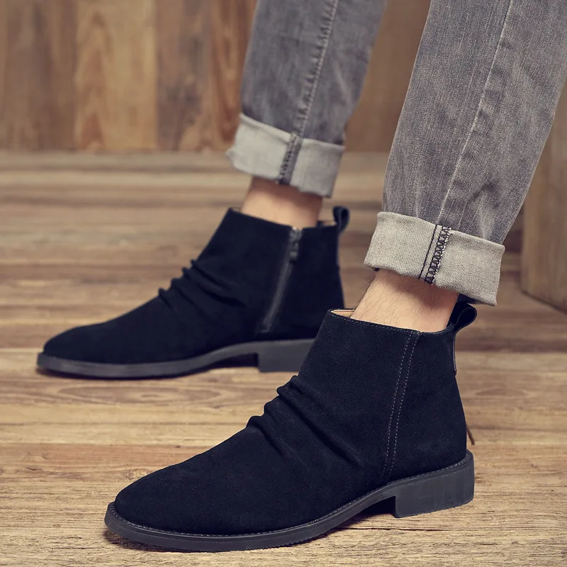 

new design men boots breathable cow suede leather shoes cowboy chelsea boot point toe ankle bota masculina botines hombre zapato