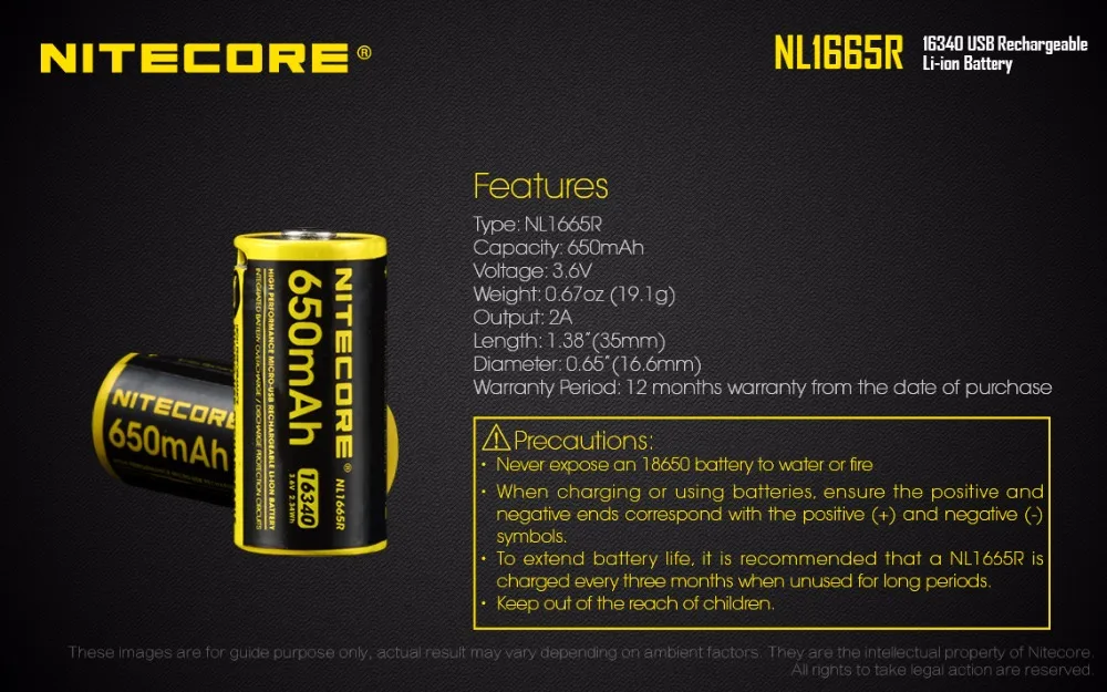 1 шт. NITECORE NL1665R Встроенный Micro-USB порт зарядки перезаряжаемые батареи 650 мАч 16340 батарея 3,6 В выход 2A Обновлено NL166