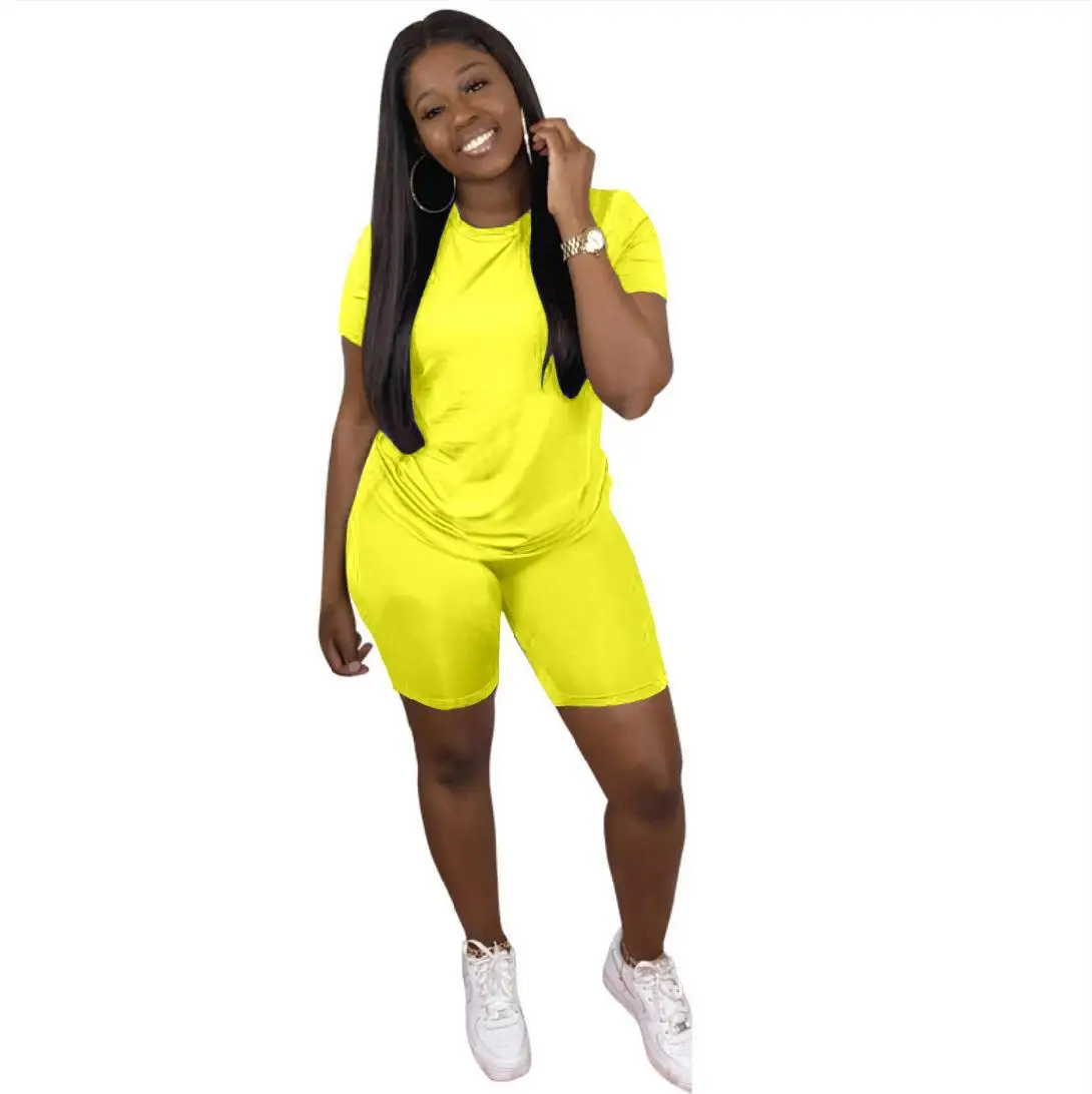 

2020 Summer Women Suit Simple Style Model Solid-color Cosy T-shirt & Biker Shorts European and American Two Piece Set
