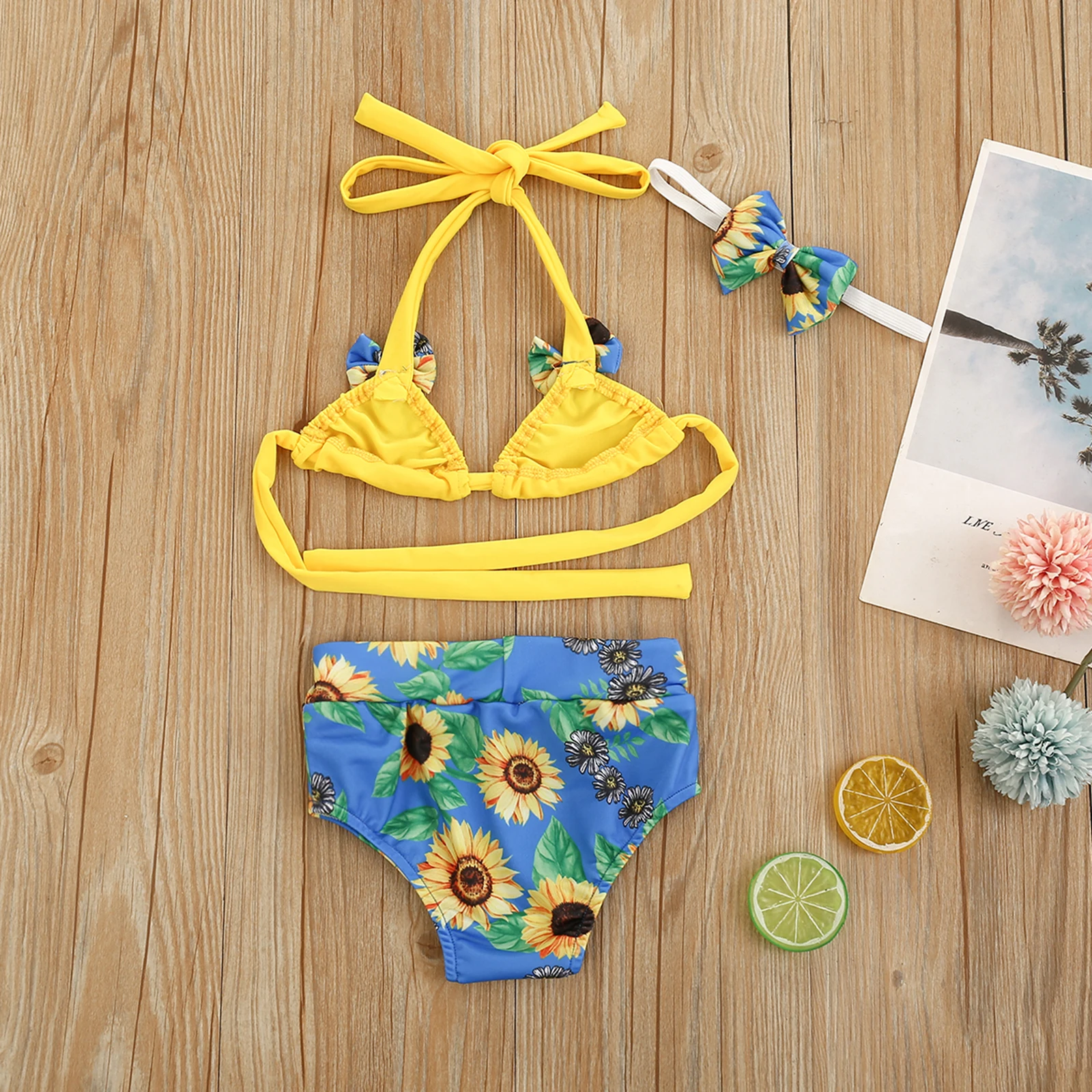 От 0 до 2 лет детский купальник бикини бюстгальтер + трусики повязка на голову с