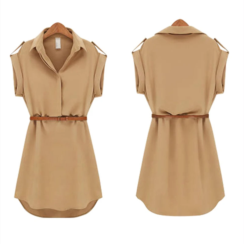 

Summer Women Shirt Dress Chiffon Short Sleeve Summer Dress Dress With Belt Turn Down Collar A-Line Party Mini Dress Vestidos