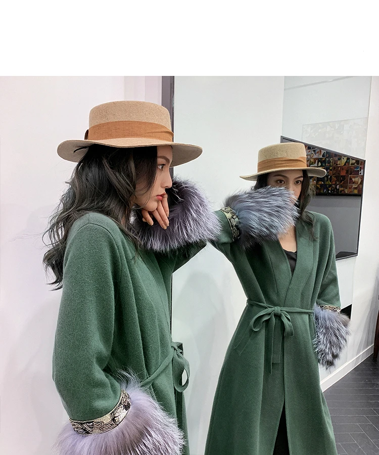 OFTBUY Повседневная модная Натуральная черно-бурая лиса меховые манжеты Верхняя одежда зимняя куртка Женский кашемировый пояс для вязания длинное пальто уличная