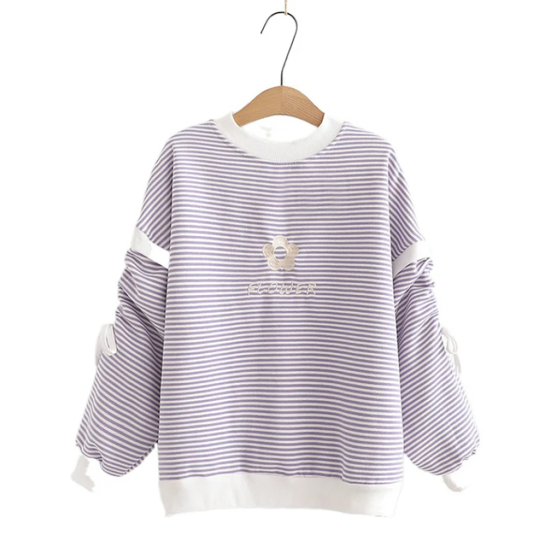 

Women Sweatshirts Floral Embroidery Striped Hoodies 2020 Winter Long Sleeve O-neck Plus Velvet Casual Pullover Tracksuits