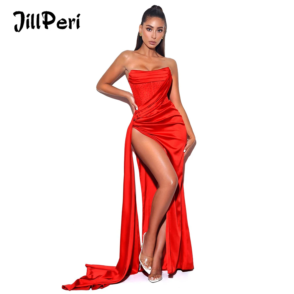 

JillPeri Strapless Diamante Crystal Solid Red Gown Christmas Birthday Celebrity Outfits Sexy Women Slit Draped Evening Dress