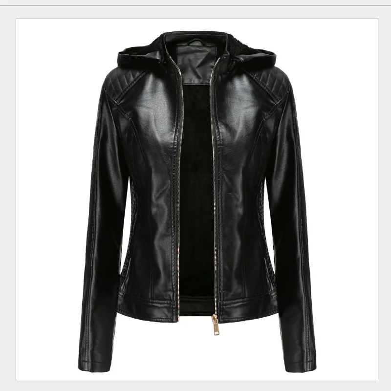 

Women European and American plush velvet women's leather hooded autumn and winter warm casual women's Leather jacket 5colors