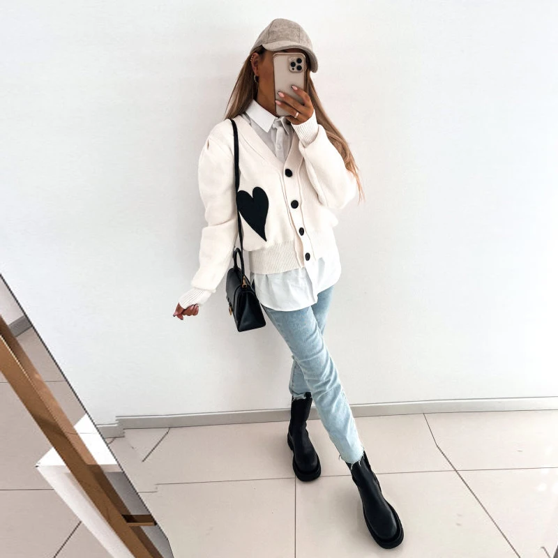

Autumn Winter Long Sleeve Office Tops Sweater Elegant Heart Printing Sweaters Cardigan Women Fashion Button Knitwear Coat Jumper