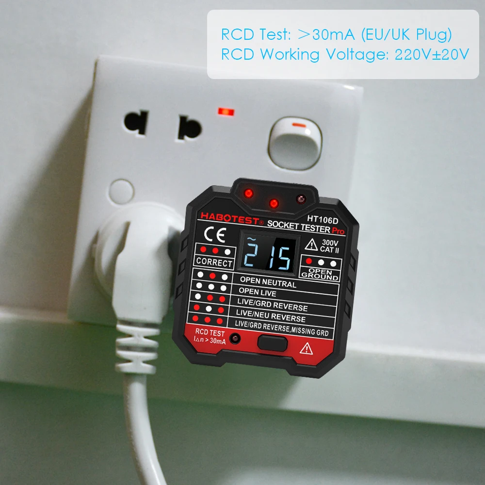 

Habotest HT106 Socket Tester Voltage Test Socket Detector UK Plug Ground Zero Line Plug Polarity Phase Check