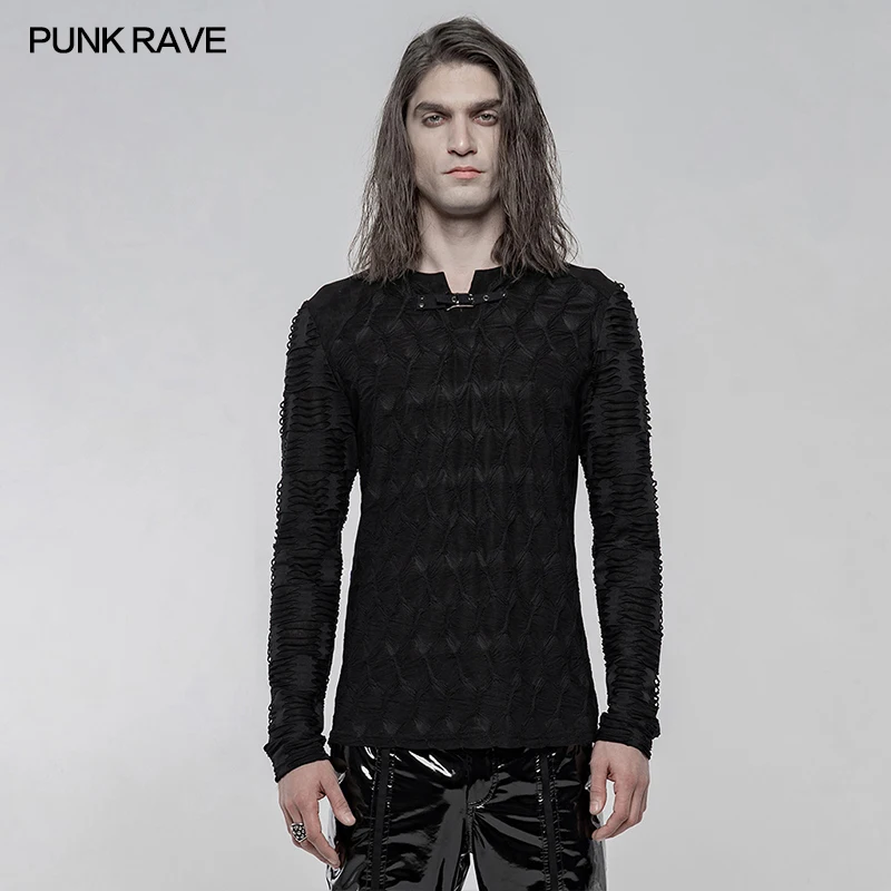 

PUNKRAVE Men's Punk Dark Texture Long Sleeve T-shirt Daily Personality Casual Elastic Spliced Black Tees Top Tshirt