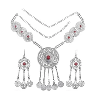 gypsy vintage women red blue stone pendant necklace earring sets coin tassel statement bohemian tribal party jewelry set