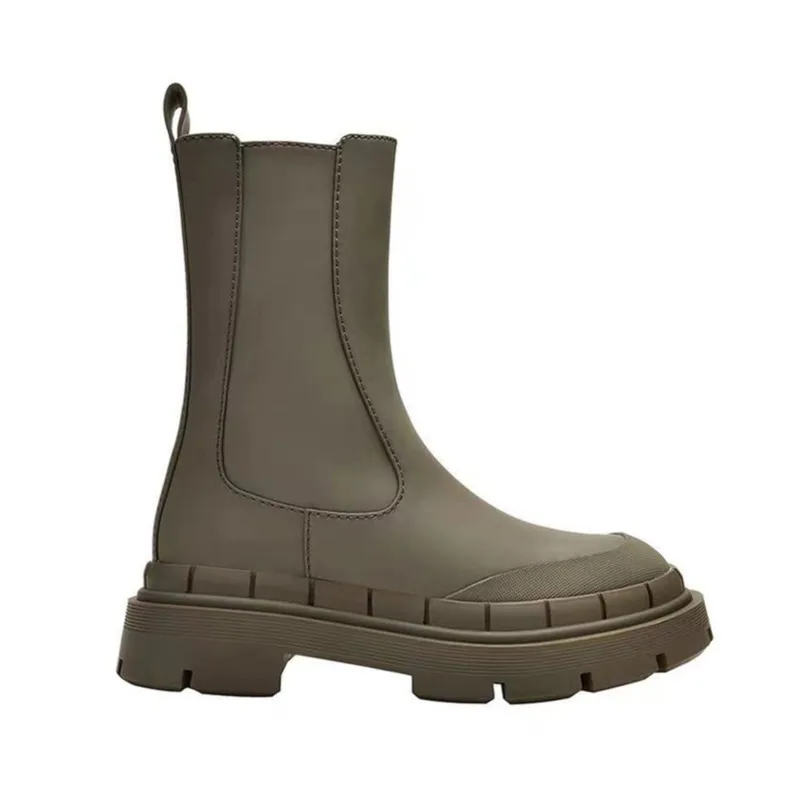 

Autumn Winter Women's Chelsea Boots Khaki Green Chimney Side Zipper Fashion Versatile Medium boots Thick Soled Short shoes