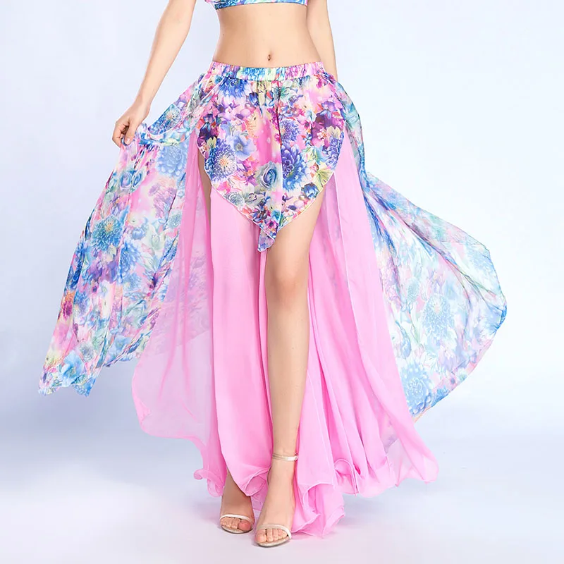 Женская шифоновая юбка для танца живота макси с цветочным принтом и разрезом