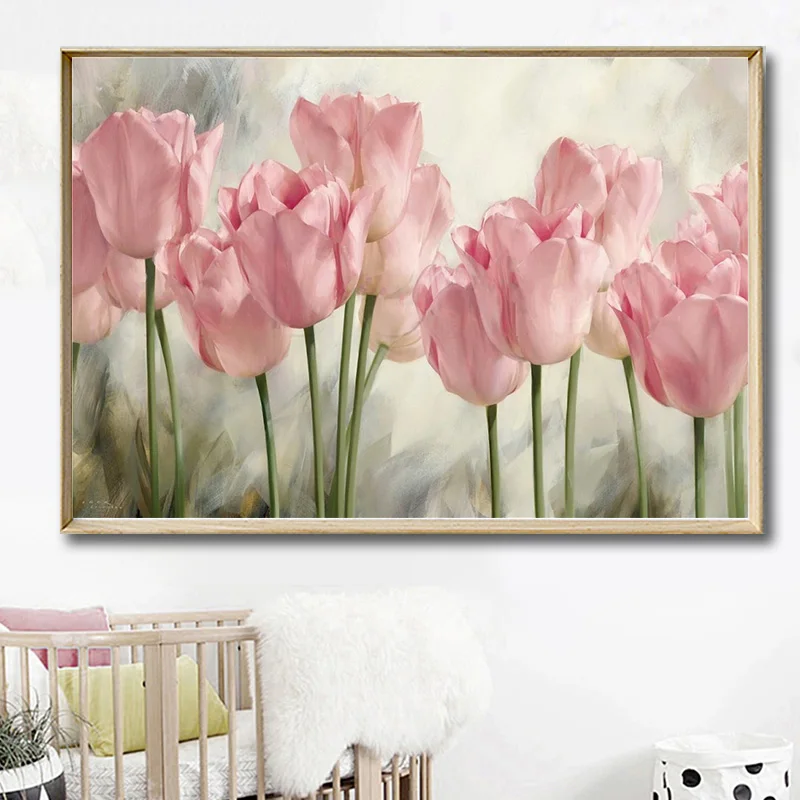 Минималистичная Картина на холсте с розовыми тюльпанами и цветами плакаты