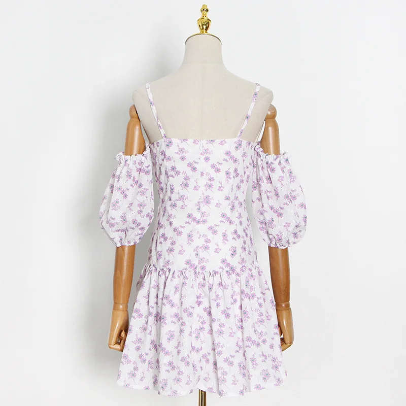 

A-line Mini Dress Summer 2021 New Off Shoulder High Waist Embroidery Floral Printing Sexy Dresses Women
