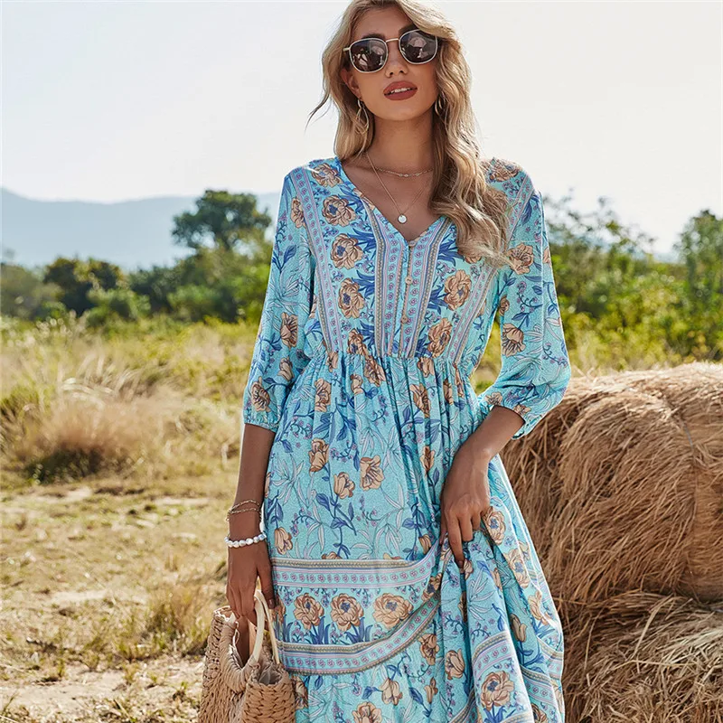 

2021 New Summer Flower Print Dress Women Casual Short Sleeve Ruffles Medium Long Chiffon Dress