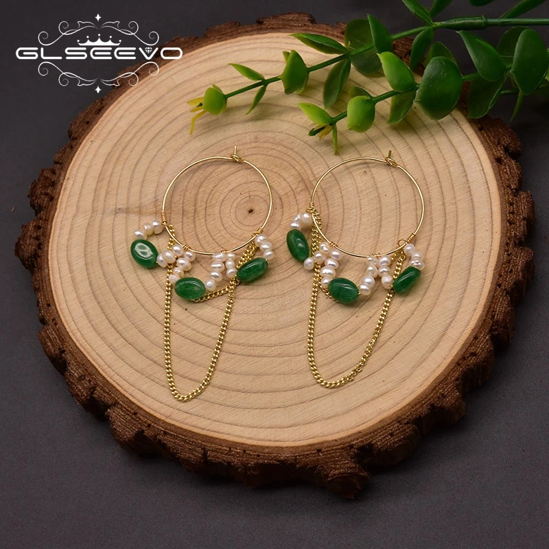 

GLSEEVO Natural Freshwater Pearl Hoop Earrings For Woman Wedding Engagement Green Jade Unusual Handmade Chain Jewelry GE1010A