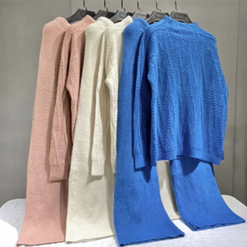 

Женский вязаный костюм с широкими штанинами, комплект из 2 предметов, свитер с коротким высоким воротником и брюки на шнуровке, женский спор...