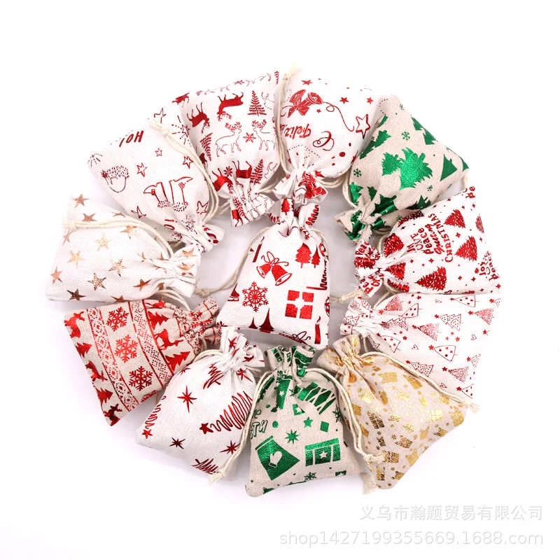 

50pcs/lot Natural Linen Christmas Jute Bags 13x18cm Candy Gifts Jewelry Packaging Bags Bronzing Drawstring Gift Bag & Pouches