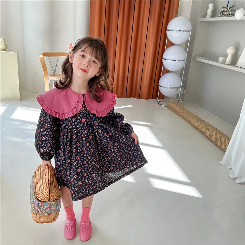 

Детское цельнокроеное платье с длинным рукавом, новинка весны 2022, корейская детская одежда, модное платье принцессы с большими лацканами и ...