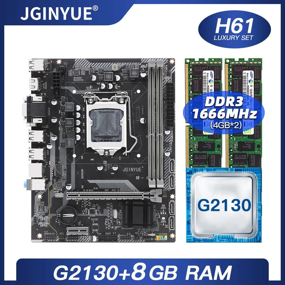 

JGINYUE H61 материнская плата LGA 1155 комплект с процессором Intel G2130 DDR3 8 ГБ 2*4G оперативная память для настольного компьютера VGA HDMI Micro-ATX H61G532