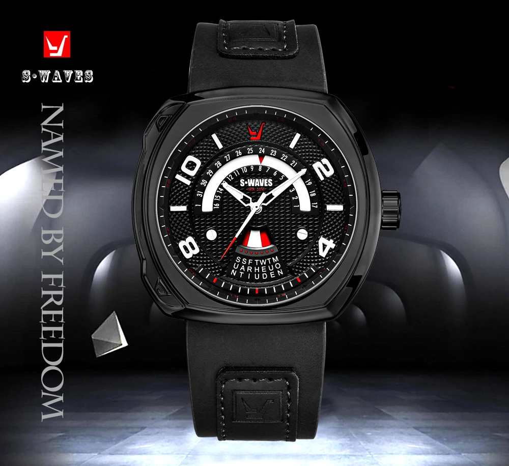 SWAVES Кварцевые черные часы для мужчин Relogio модный кожаный ремень наручные s