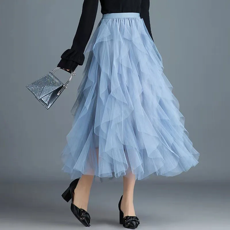 

2021 Spring Women Fluffy Maxi Long Skirt Ladies Korean Ruffles High Waist Jurken Ball Gown Goth Lolita Skater Tutu Skirt Party