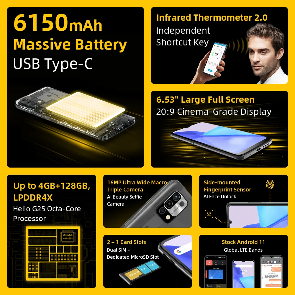 UMIDIGI Power 5 Global Version Smartphone Android 11 4GB 128GB Helio G25 16MP AI Triple Camera 6150mAh 6.53'' HD+ Full Screen |
