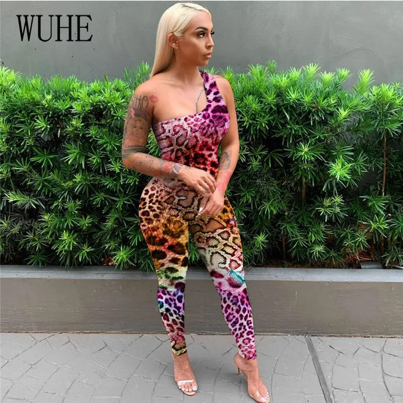 

WUHE Serpentine Print Jumpsuits One Shoulder Sleeveless Camouflage Leopard Backless Off Shoulder Skinny Club Party Streetwear