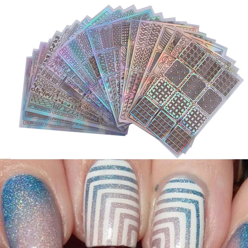 

60Pcs Vinyl DIY Women Girls Laser Sticker Hollow Curved Wave Nail Sticker Nail Art Tools Nail Template