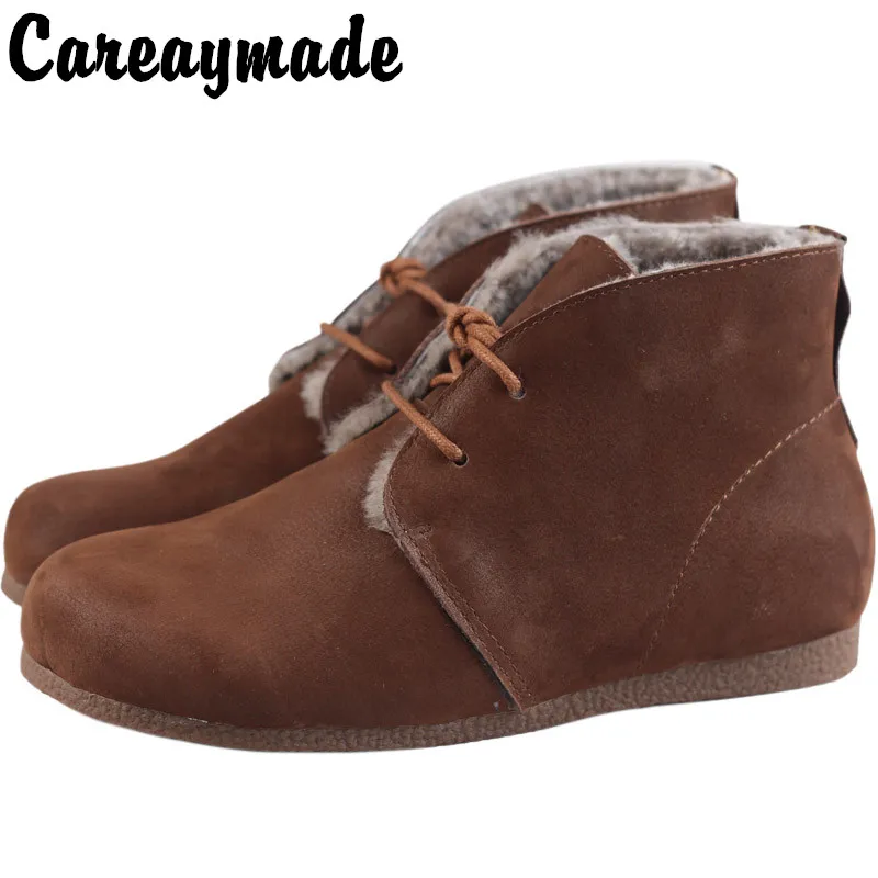 

Careaymade-snow Boots Shearhling Shoes Winter Leather Retro Boots Cotton Shoes Women's Fur Comfortable Soft Flat Cowhide Wool