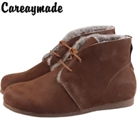 careaymade snow boots shearhling shoes winter leather retro boots cotton shoes womens fur comfortable soft flat cowhide wool