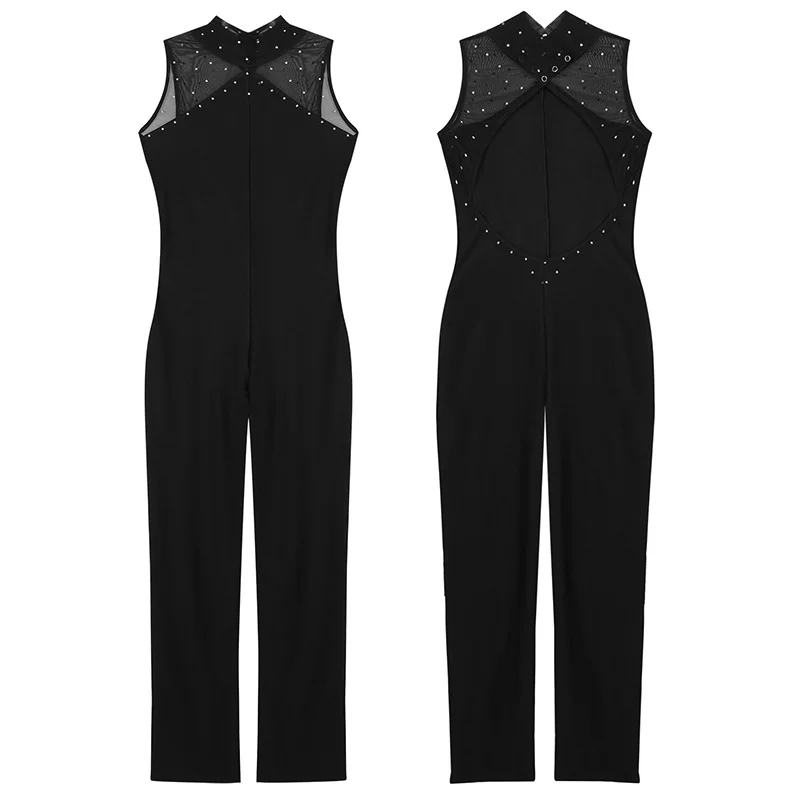 Женский костюм для гимнастики без рукавов с ложным горлом блестящими