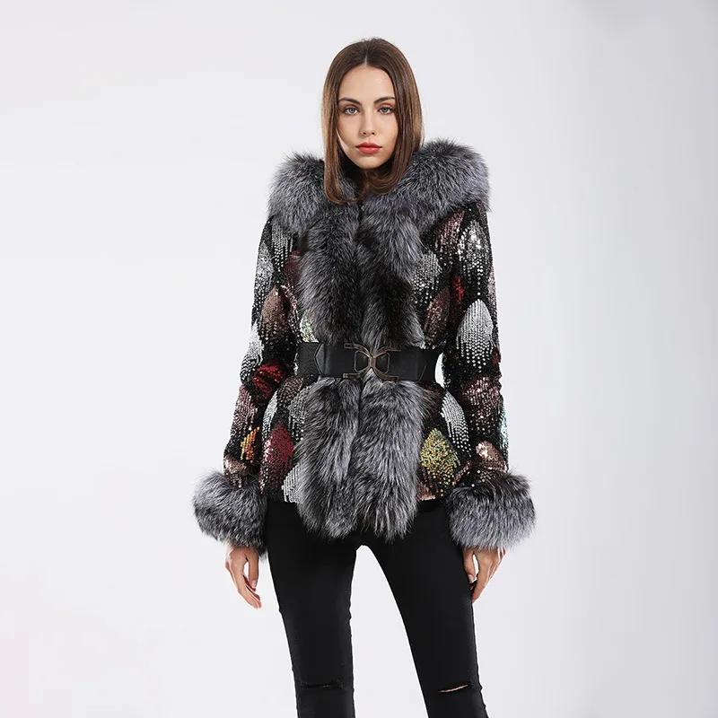 

Women's Winter Coat 2021 Lady Faux Fur Jackets Silver Fox Raccoon Collar Detachable Parker Thick Warm Overcoat S3560