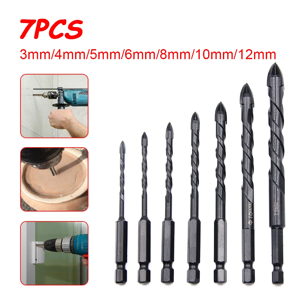 

7Pcs/Set Hex Tile Drill Bits Glass Ceramic Concrete Hole Opener Kit Hard Alloy Drill Size 3-12mm Cross Hex Tile Drill Bits Set