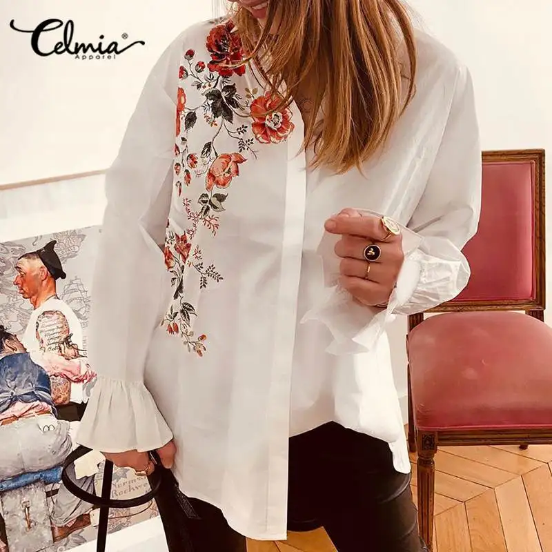 Женская винтажная блузка с цветочным принтом Celmia рубашка размера плюс отложным
