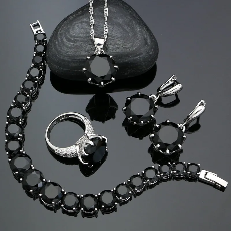 

Punk Silver Jewellery Silver 925 Jewelry Sets for Women Black Cubic Zirconia Earrings/Pendant/Necklace/Ring/Bracelet