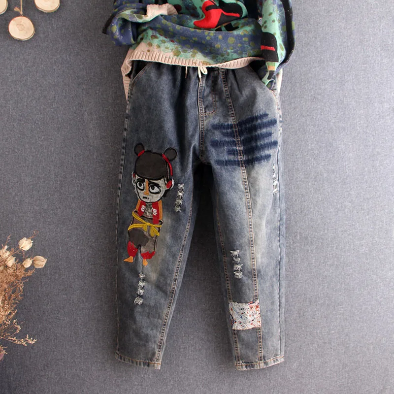 Женские винтажные джинсы с принтом шаровары эластичным поясом повседневные