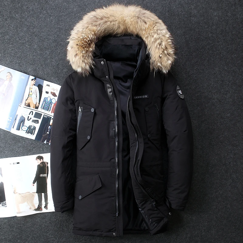 

Real fur hooded jacket white duck down Russian winter warm winter coats men leisure outdoor ski jacket, 40 degrees below zero