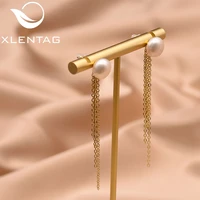 xlentag natural high quality white pearl dangle women earrings minimalist tassel chain wedding gift boho fashion jewerly ge0852a