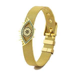 AIBEF High Quality Gold Color Stainless Steel Adjustable Bracelet Zirconia Evil Eye Rhinestone Watch Belt For Women Jewelry