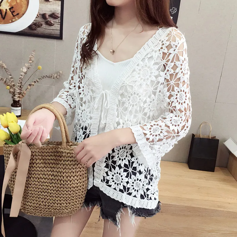 Женская винтажная блузка белая свободная вязаная ажурная кружевная кофта с