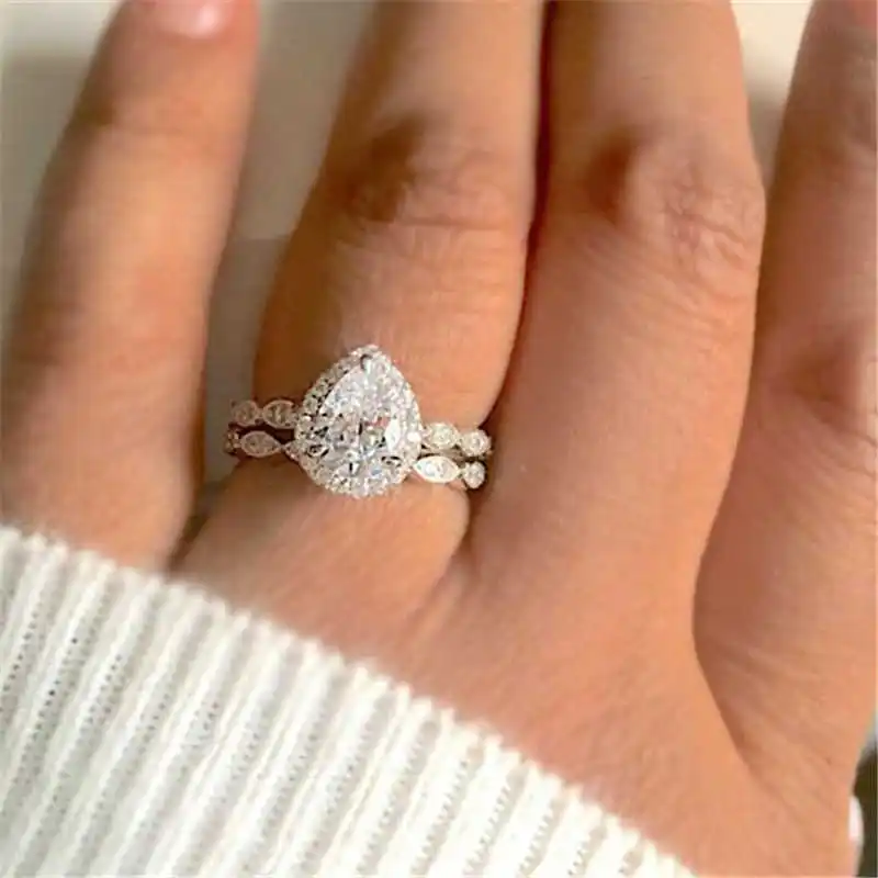 

Silver Color Pear Cut White Ring Set for Women Wedding Engagement