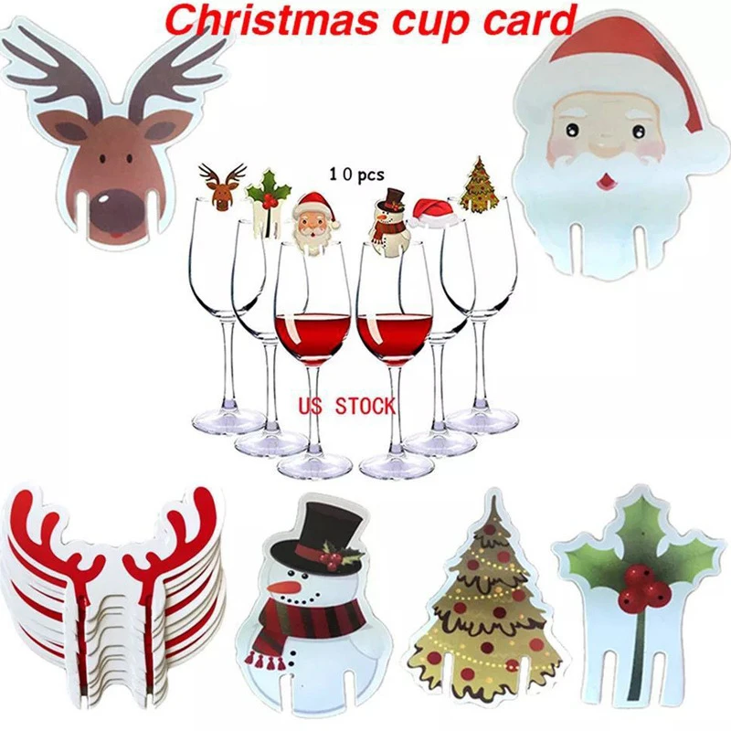 

10Pcs Christmas Cup Card Santa Hat Wine Glass Decoration Home Party Decoration